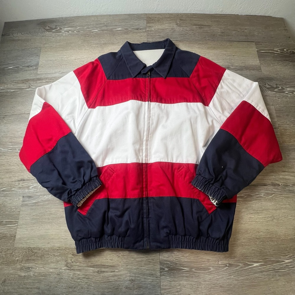 IZOD Bomber Jacket Mens XL Red White Blue Colorblock Harrington Zip Up